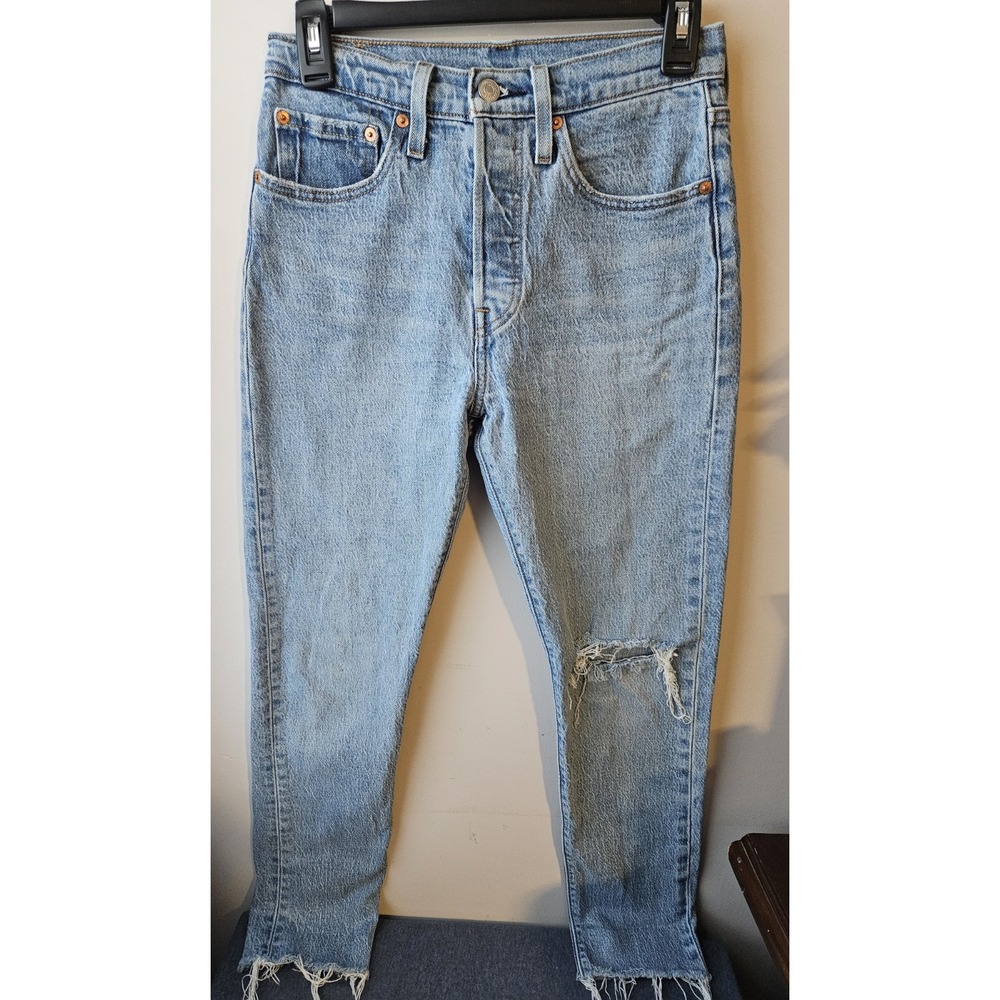 Levi's 501 S Skinny Jeans W26 L28 Light Wash Button Fly Distressed‎ Knee